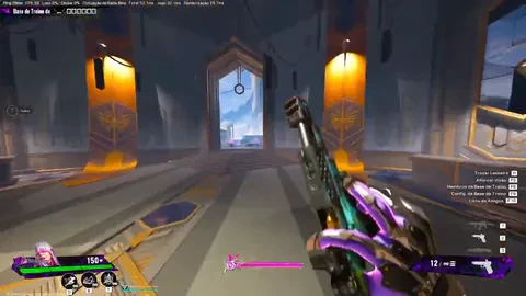 FragPunk training base interior with pistol and purple HUD elements